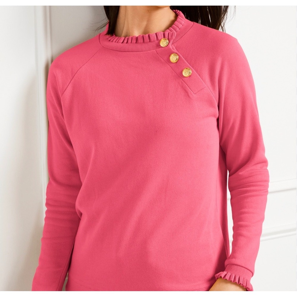 Talbots Ruffle Neck Sweatshirt Womens 2X Pink NWT Gold Button Plus Size